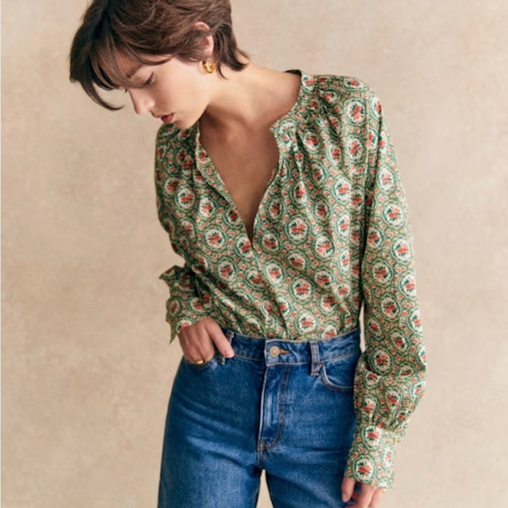 Sezane Green Long Sleeve Buttoned Blouse